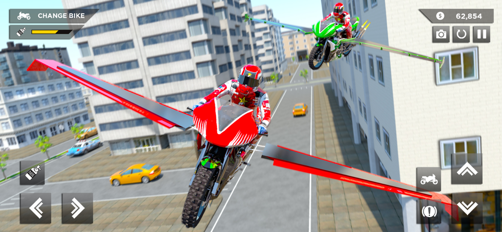 Flying Bike – Fly Motorbike 3D - Two motorbikes with large wings flying over a city street in the Flying Bike 3D simulator game.