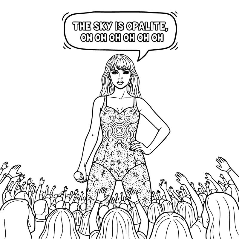 taylor swift. tall, son stage, a lot of fans in crowd, sparkly leotard, bangs, speech bubble inside saying “the sky is opalite, oh oh oh oh oh” , lots of makeup, dimand earrings, and microphone