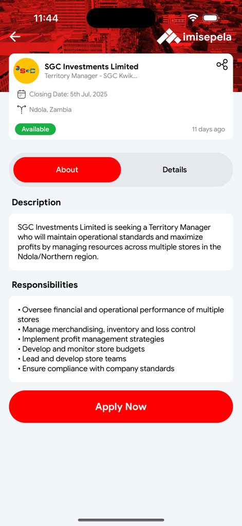 Job posting for a Territory Manager position on the Imisepela youth empowerment app