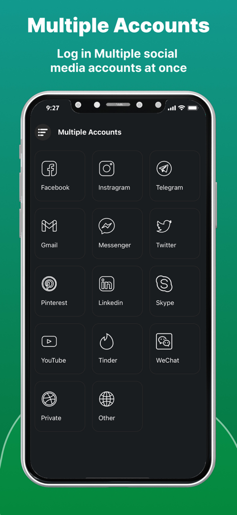 Web Scanner - Dual App - Interface of Web Scanner app showing options to log in to multiple social media accounts like Facebook and Instagram at once