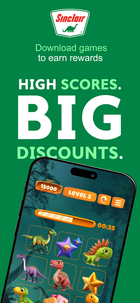 DINOPAY - Sinclair Oil - Dinosaur game interface in the DINOPAY app offering rewards and fuel discounts