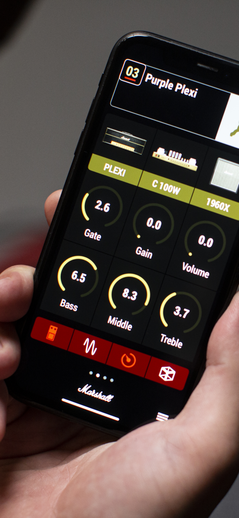 Marshall Gateway - A smartphone displaying the Marshall Gateway app interface with digital knobs for adjusting guitar amplifier settings like gain and EQ.