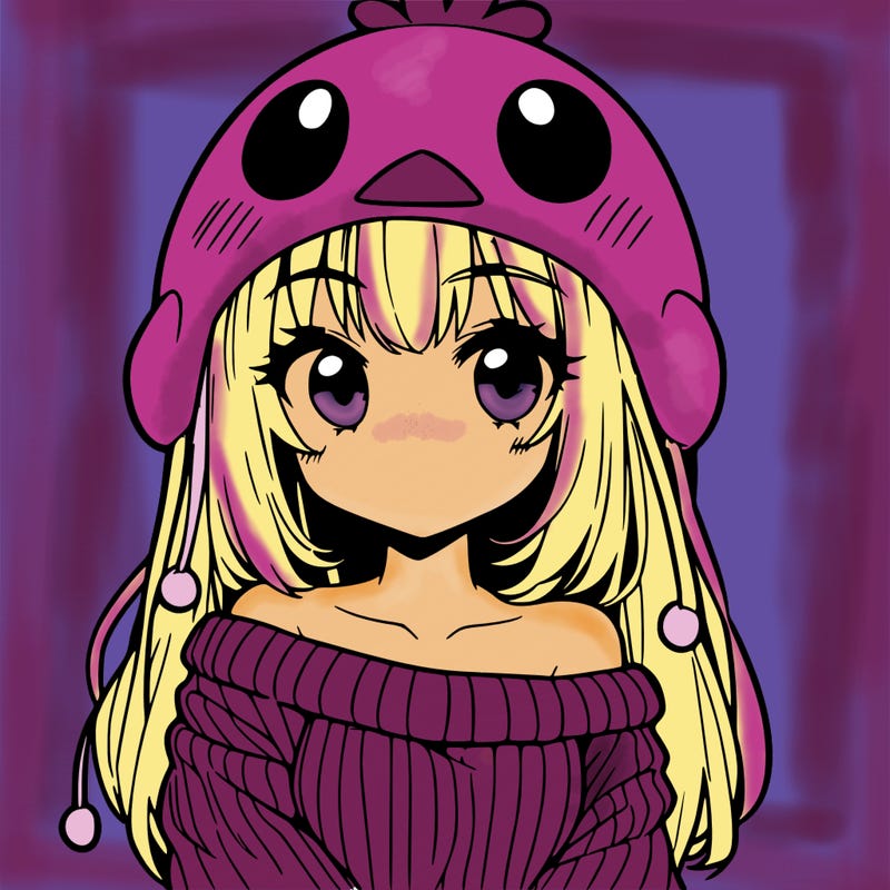 anime girl with chick shaped hat with sweater with bare shoulders with bangs covering them one eye with low tail