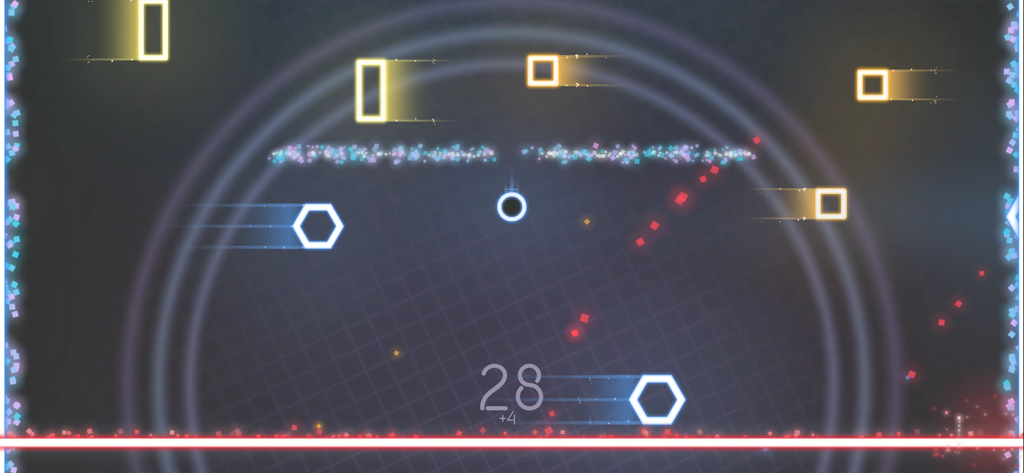 Ding Dong XL - Minimalist neon arcade gameplay in Ding Dong XL showing a central circle dodging glowing square and hexagon obstacles