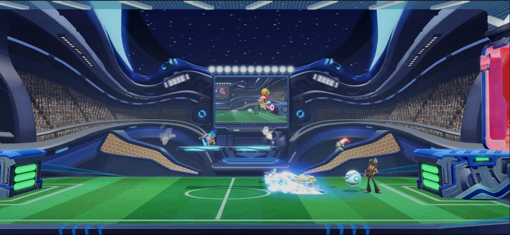 Flash Party - Flash Partyの未来的なスタジアムアリーナ内でのサッカートーナメントモードで競い合うキャラクターたち