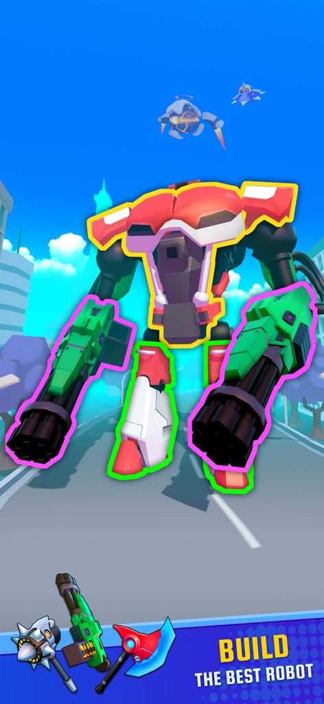 Monster Brawl: Planet Defender - Giant robot with dual green gatling guns being built in a customization menu