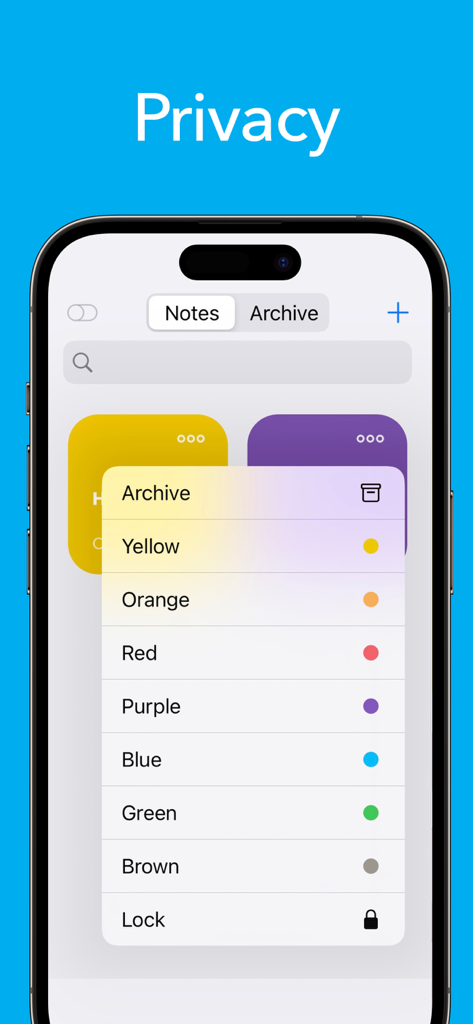 Sticky Note - iPhone screen showing Sticky Note app with color categorization options and a lock feature for private notes