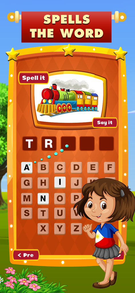 Childrens educational spelling game showing a train and interactive letter keyboard
