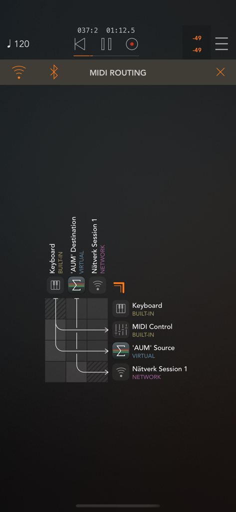 AUM - Audio Mixer - Un'interfaccia professionale della matrice di routing MIDI nell'app AUM che mostra i percorsi del segnale tra tastiera, componenti audio virtuali e di rete.
