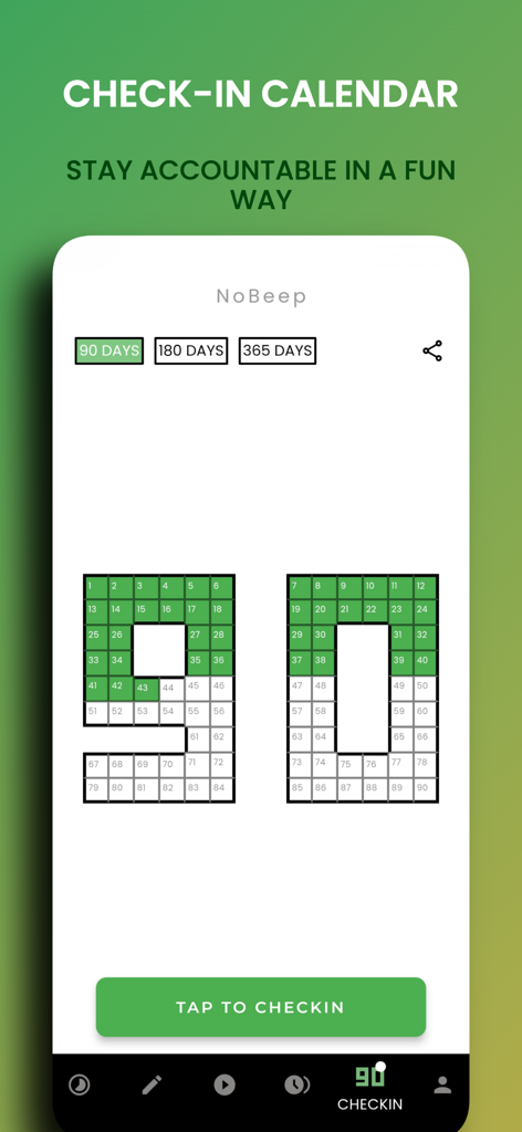 Calendario de registro de la aplicación NoBeep que muestra el progreso en un desafío de racha de hábitos de 90 días