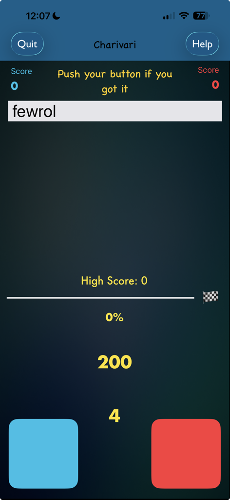 TurboWords Spelling app Charivari game screen featuring a jumbled word and two player buttons