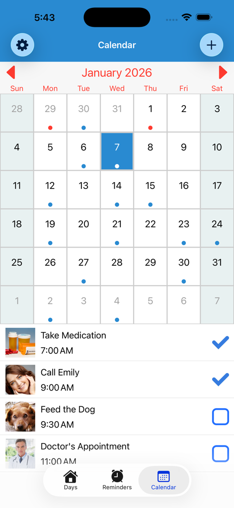 Calendar interface of the Reminder app displaying a monthly schedule and a daily task list including medication and appointments