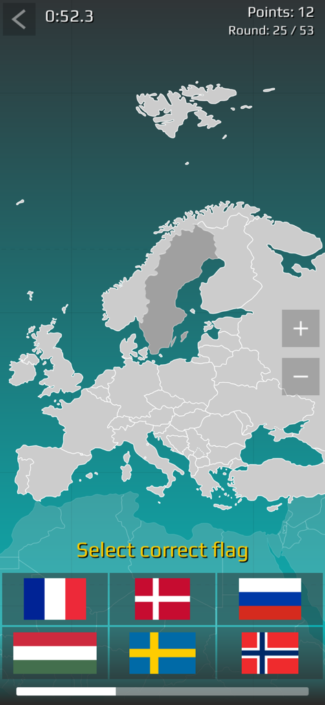 Interface de jeu-questionnaire de géographie montrant une carte de l'Europe avec la Suède en surbrillance et plusieurs options de drapeaux à choisir