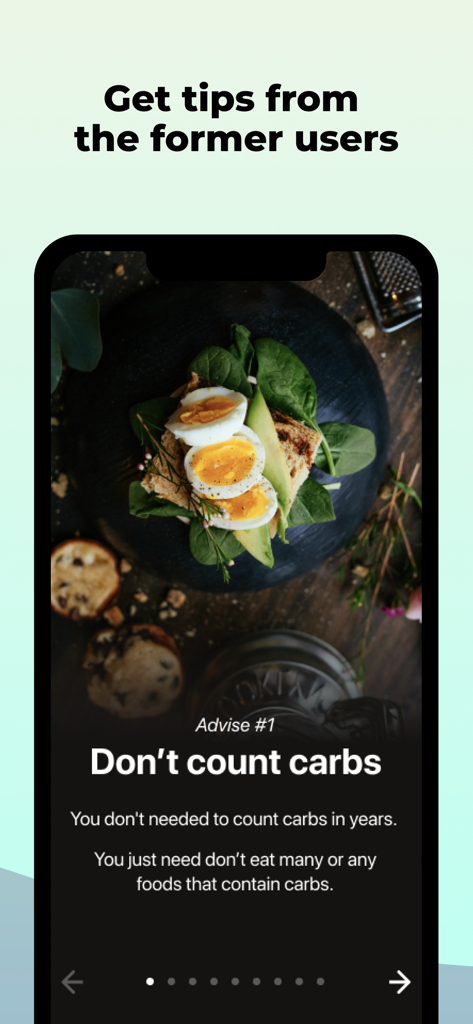 App screen showing keto diet advice from former users about losing weight without counting carbs