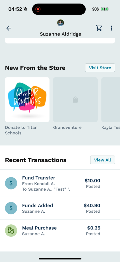 LINQ Connect - Interface of the LINQ Connect app showing a transaction history and available school store items