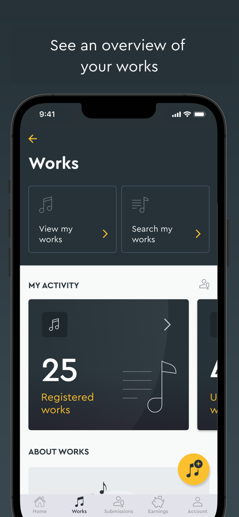 Overview of registered musical works in the APRA AMCOS for Music Creators mobile app dashboard