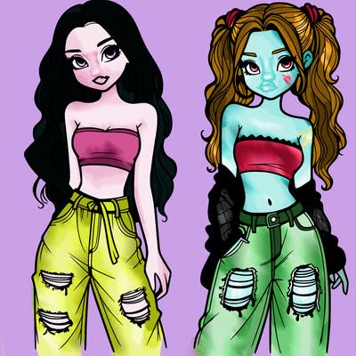 2 girls in crop tops and baggy jeans ripped