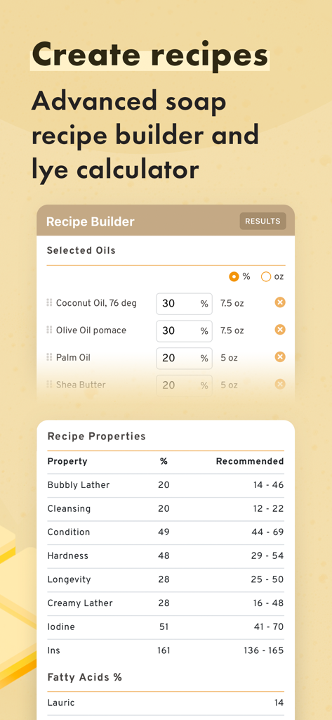 Soapmaking Friend – Soap Calc - A screenshot of the Soapmaking Friend app recipe builder showing oil percentages and soap property calculations
