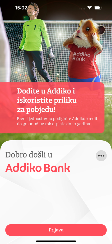 Addiko Mobile Crna Gora - Welcome screen of Addiko Mobile Crna Gora app featuring a promotional banner with a soccer goalkeeper and a login button.