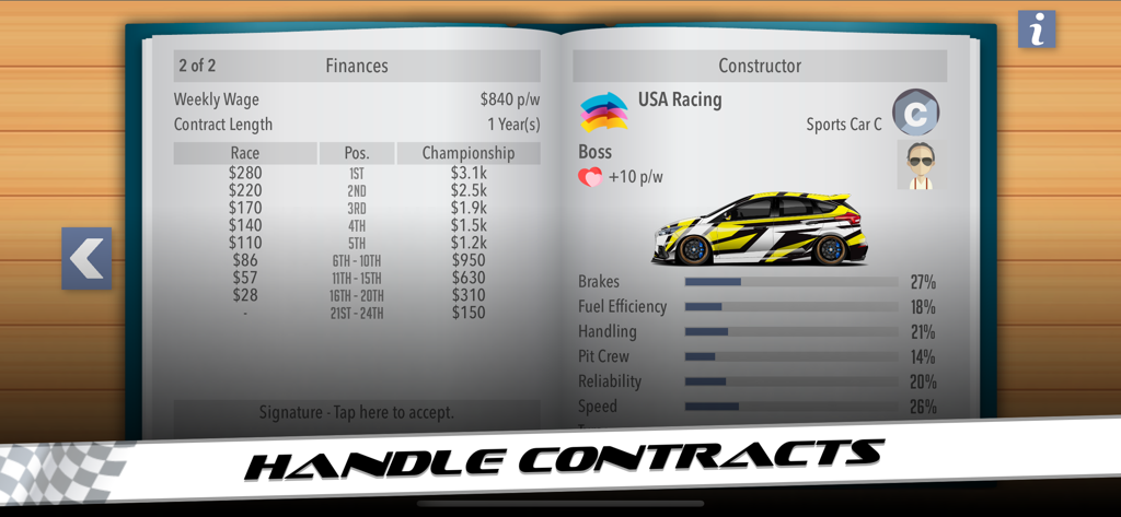 Motorsport Superstar - Motorsport Superstar game interface showing racing contract finances and team car statistics
