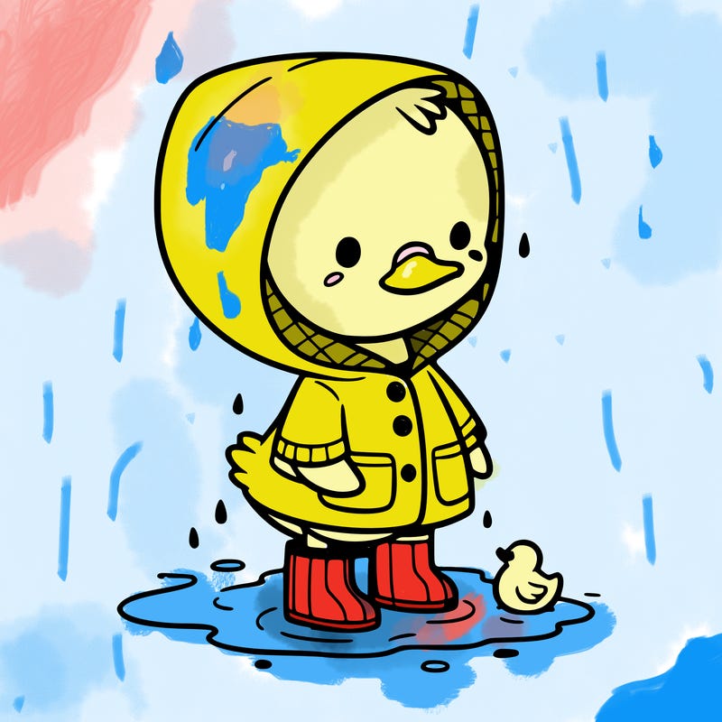 baby duck in a rain coat and boots, in a puddle while it’s raining