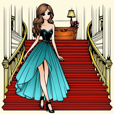 realistic style,girl,wearing fancy dress,tall,slim,walking down a fancy staircase