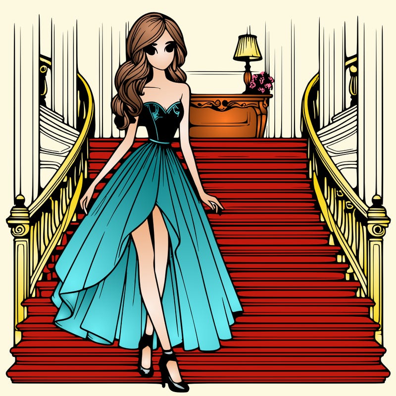 realistic style,girl,wearing fancy dress,tall,slim,walking down a fancy staircase