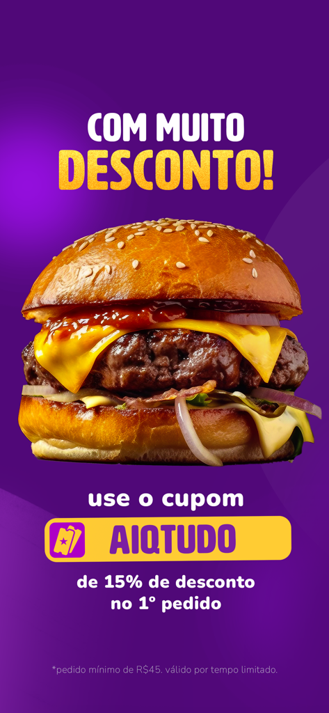 Uma deliciosa imagem promocional de cheeseburger para o aplicativo de entrega aiqfome com um cupom de 15% de desconto.