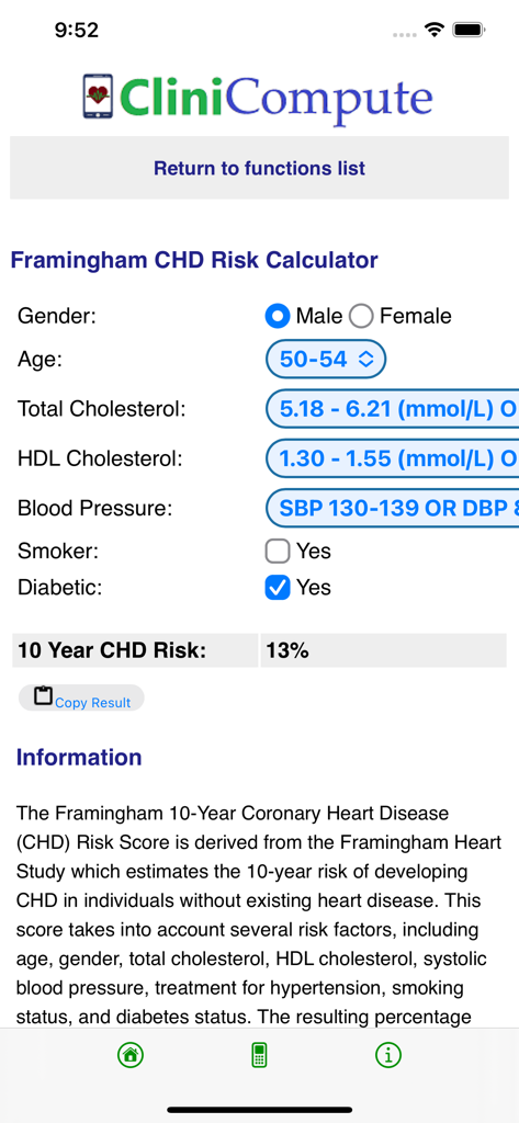 Interfaz de la aplicación móvil CliniCompute que muestra la Calculadora de Riesgo de Cardiopatía Isquémica de Framingham con campos de entrada médica y un resultado de riesgo calculado a 10 años del 13 por ciento.