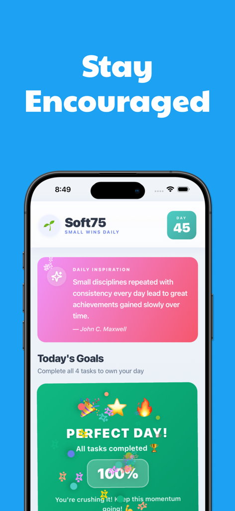 75 Soft Challenge - Tracker - The Soft75 app interface showing a motivational quote and a perfect day celebration badge for completing all habits.