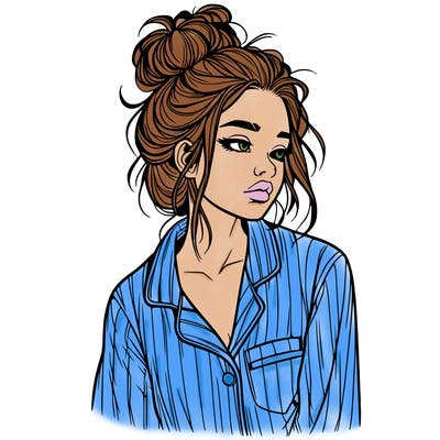 realistic woman with pajamas on and a messy bun