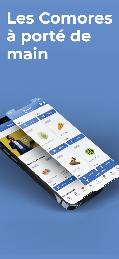 Comores En Ligne - Mobile interface of the Comores En Ligne app showing a catalog of fresh produce for purchase