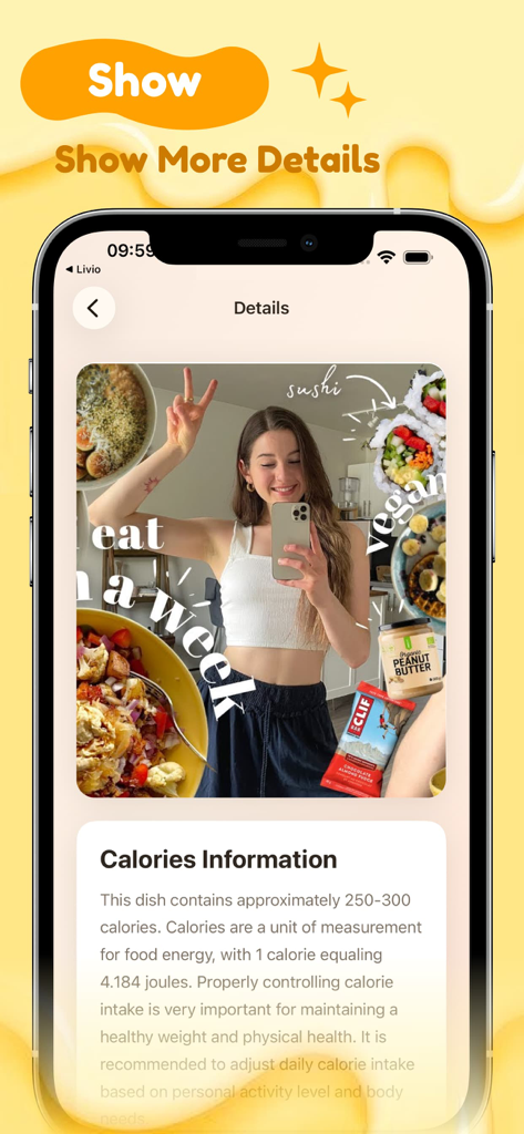 Bubbi - - Interface of the Bubbi app showing calorie information and nutritional analysis for food photos