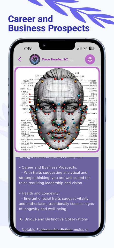 AI powered facial analysis map showing personality and career insights