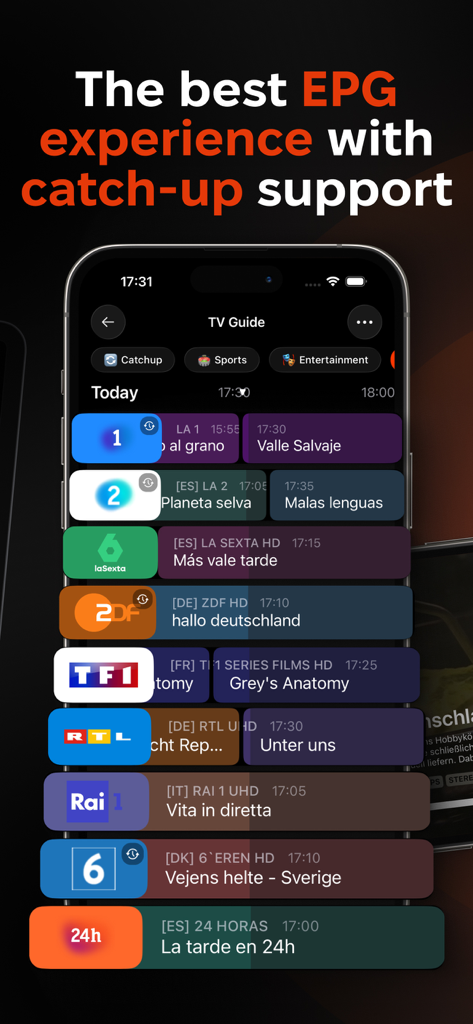 The EPG interface of UHF IPTV app showing a modern TV guide with catch-up support on an iPhone