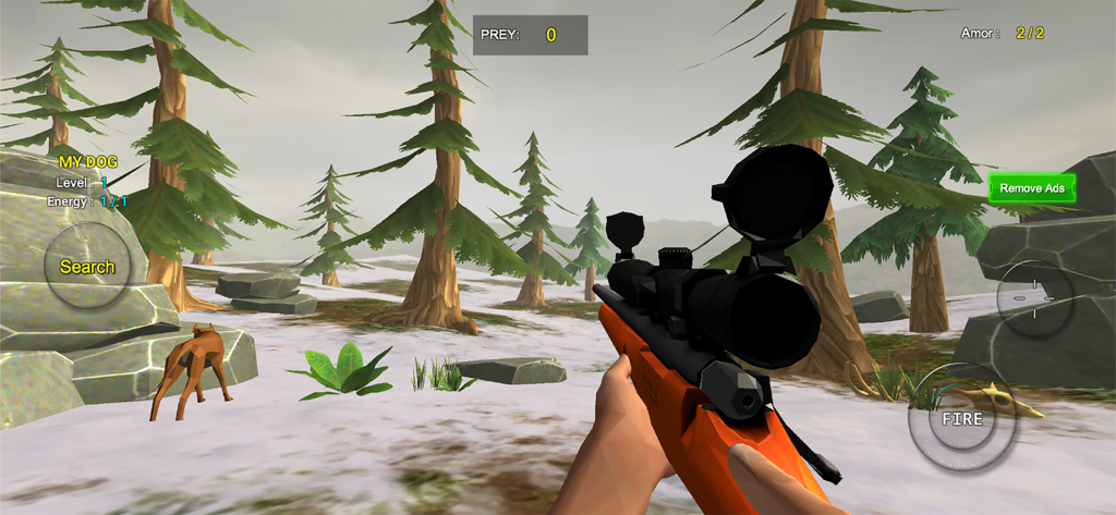 Duck Hunt X Duck hunting games - Vista en primera persona de un rifle de francotirador en un juego de caza en un bosque nevado