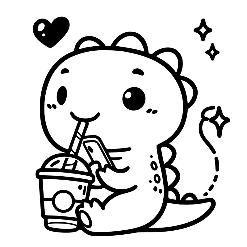 cute dino thats on its phone drinking from a straw that leads to a cup for girls