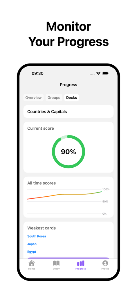 BrainDeck: AI Flashcards - BrainDeck app progress screen showing a 90 percent current score and a line graph tracking all time scores for flashcard decks
