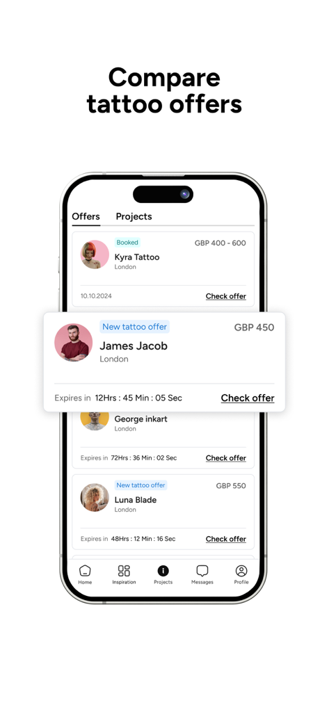 inckd. - Smartphone screen displaying multiple tattoo price offers from different artists in the inckd app