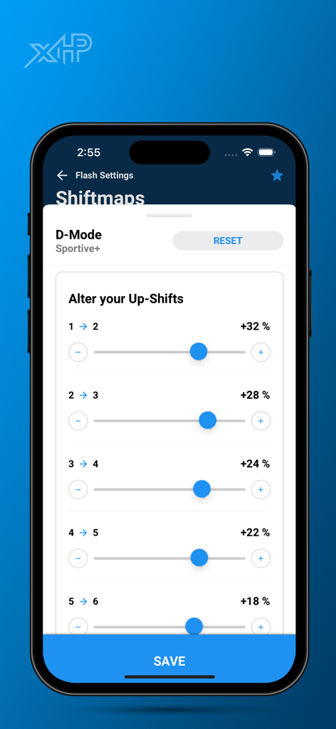 Interface of xHP Flashtool showing sliders to customize transmission up-shift points for BMW vehicles