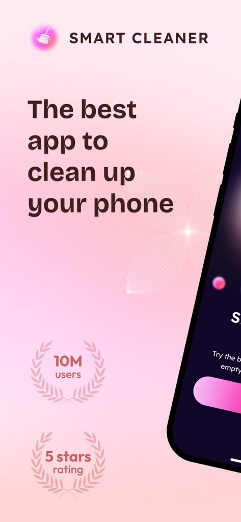 Smart Cleaner app promotional screen showing its top rating and 10 million users