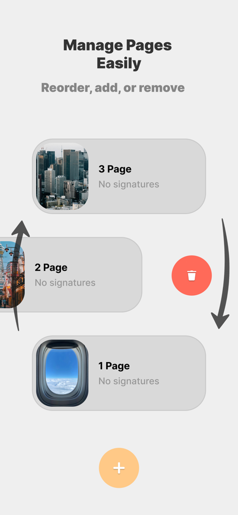 Sign & Edit Docs - モバイルアプリのインターフェースで、ドキュメントのページ管理ツールが表示され、ページを並べ替えたり、追加または削除したりできる様子