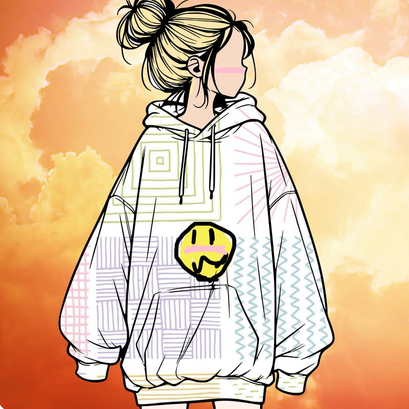realistic girl with a oversized sweatshirt on and a bun