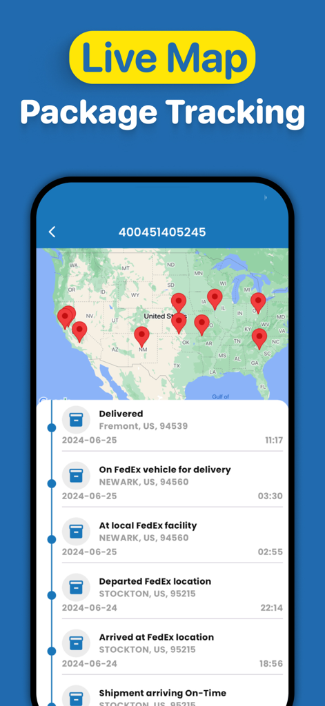 Package Tracker・Track Delivery - Live map and delivery status timeline in the Package Tracker app showing shipment history for a FedEx package.