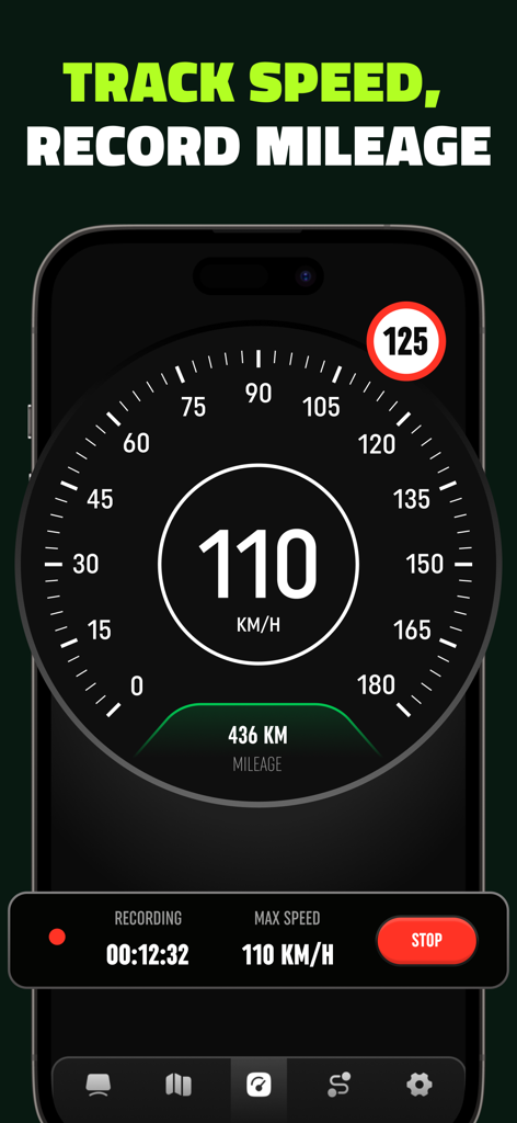 GPS Car Tracker: Find My Car - A digital speedometer and mileage tracker interface on a smartphone screen showing real-time speed and trip recording data.