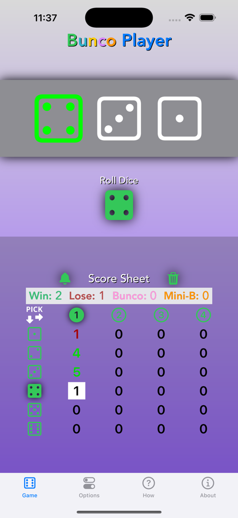 Digital score sheet and dice roller interface for the Bunco Player app