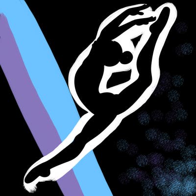 gymnast doing a leap in a leotard with a bent back leg