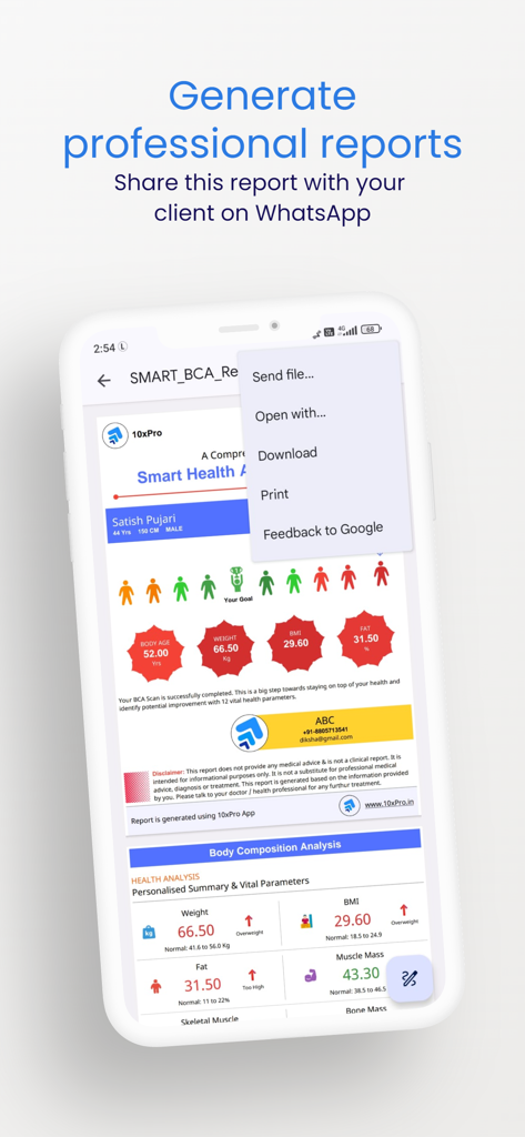 10xPro: Sell Smart, Grow Fast - 10xPro app interface showing a professional body composition and health analysis report with options to share or download