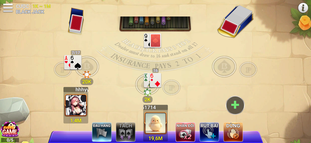 Blackjack-Gameplay-Oberfläche im Sam Loc Offline Kartenspiel mit vietnamesischen Menüoptionen und Spieler-Avataren.