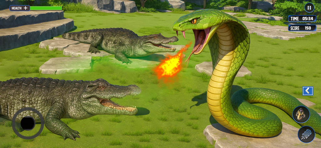Wild Life Snake Simulator - Giant green cobra breathing fire at crocodiles in a jungle battle.